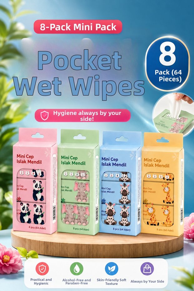 8 Pack Mini Pocket Wet Wipes 64 Sheets Portable Practical Hygiene Set Alcohol-Free Paraben-Free