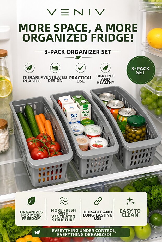 3-Piece Refrigerator Organizer Basket Set – Ventilated Multi-Purpose Kitchen Organizer