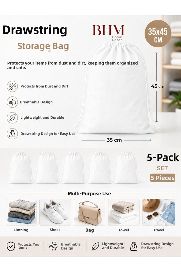 5-Piece Drawstring Storage Bag 35X45 cm Breathable Shoe Cover Dust Protector Organizer Black