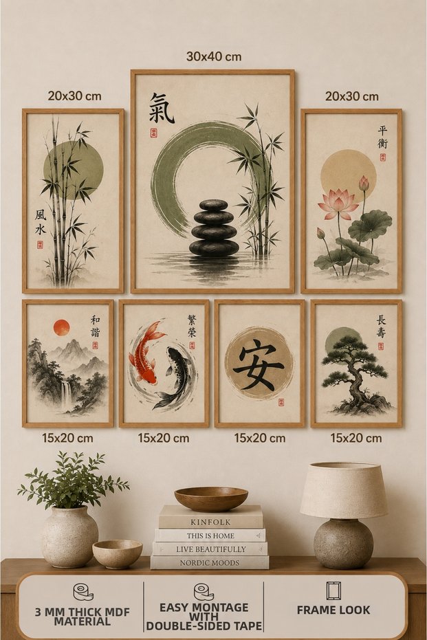 7-Piece Frame-Looking Modern Painting Set | Feng Shui Themed | Living Room, Office, Kitchen and Study Room Wall Decor
