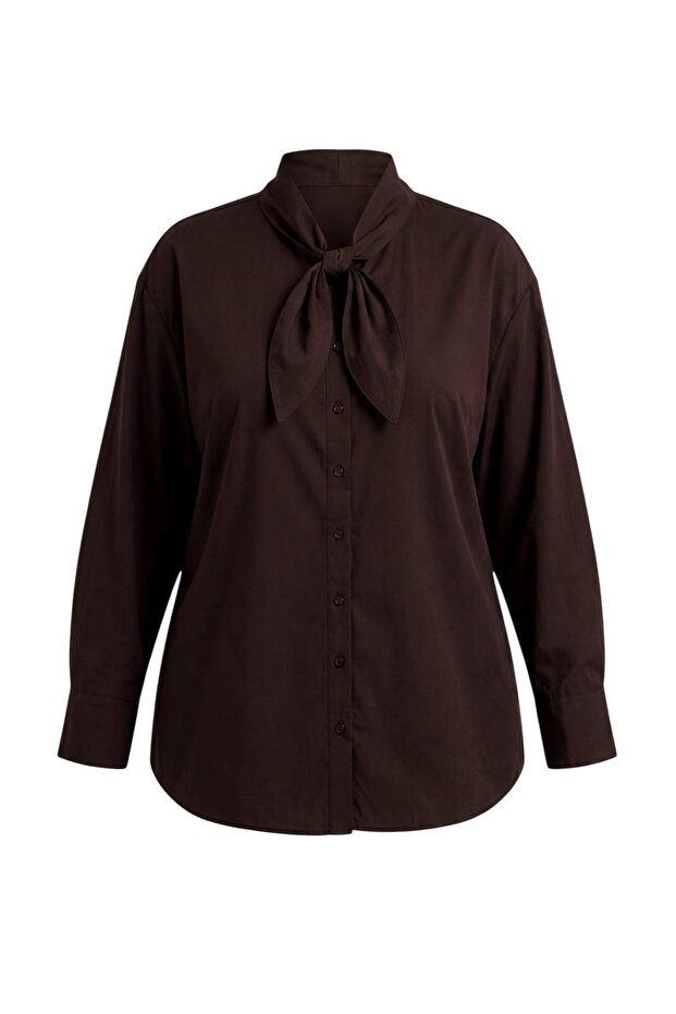 Dark Brown Cotton Collar Bow Tie Wide Fit Poplin Shirt Tbbaw27Ax00006