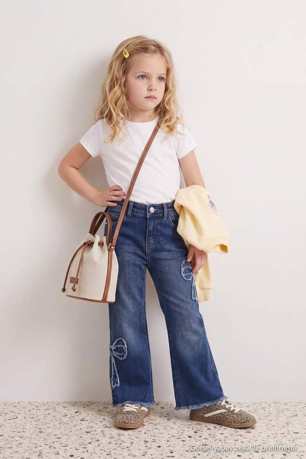 İndigo Kız Çocuk Pamuklu Esnek Kumaş Wide Leg/ Geniş Paça Fiyonk Desenli Jean PantolonTKDAW27JE00009