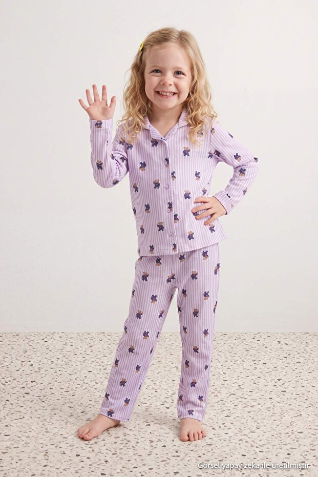 Lila Yumuşak Dokulu Kız Çocuk Desenli Gömlek Yaka Regular Örme Pijama Takımı TKDAW26PT00006