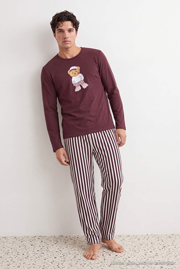 Brown Regular Fit Striped Teddy Bear Printed Knitted Pajama Set Tmnaw27Pt00031