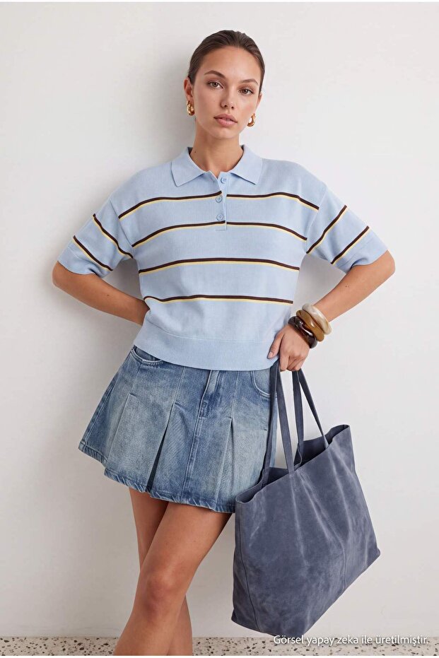 Light Blue Wardrobe Essentials Summer Yarn Striped Polo Collar Blouse Twoss26Bz00127