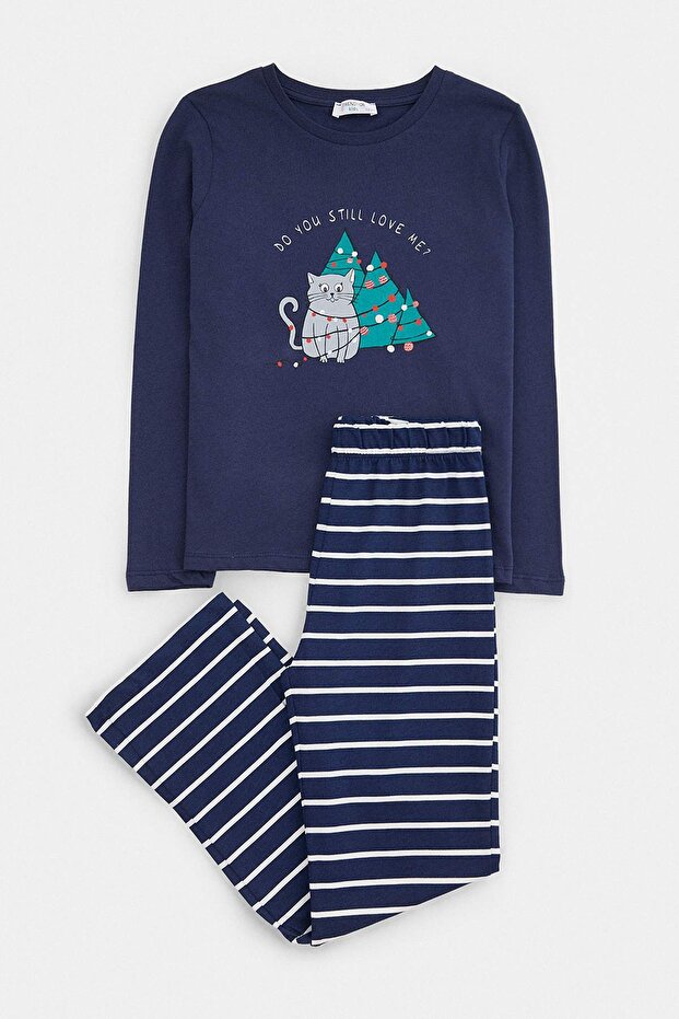 Lacivert Yumuşak Dokulu Baskılı Regular Örme Unisex Çocuk Pijama Takımı TKDAW26PT00004