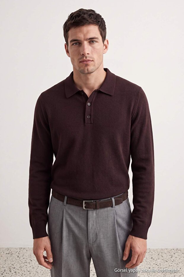 Kahverengi Regular Fit Polo Yaka Basic Triko Kazak TMNAW24KZ00067