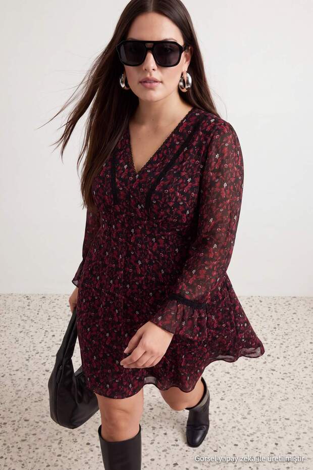 Bordo Dokuma Büyük Beden Elbise TBBAW27AH00010