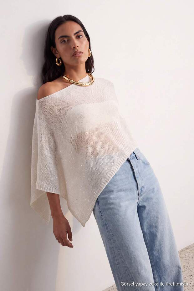 Bej Kayık Yaka Sim Detaylı Pelerin Triko Kazak TWOAW27KZ00285