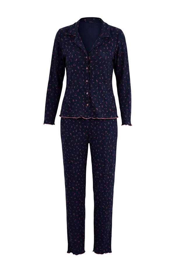 Lacivert Çiçekli Fitilli/Pointel Örme Pijama Takımı THMAW27PT00229
