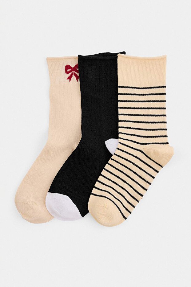 Black-Ecru 3-Piece Cotton Blend Striped Jacquard Knitted Socks Thmaw27Co00022