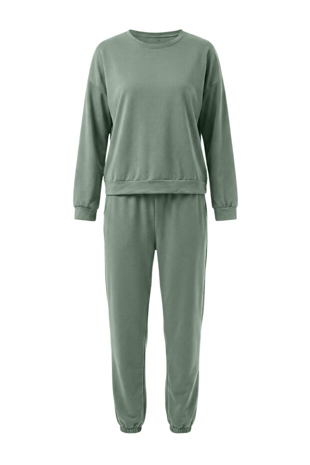 Green 2 Thread Crew Neck Basic J Jogger Pants Knitted Tracksuit Set Twoaw25Em00017