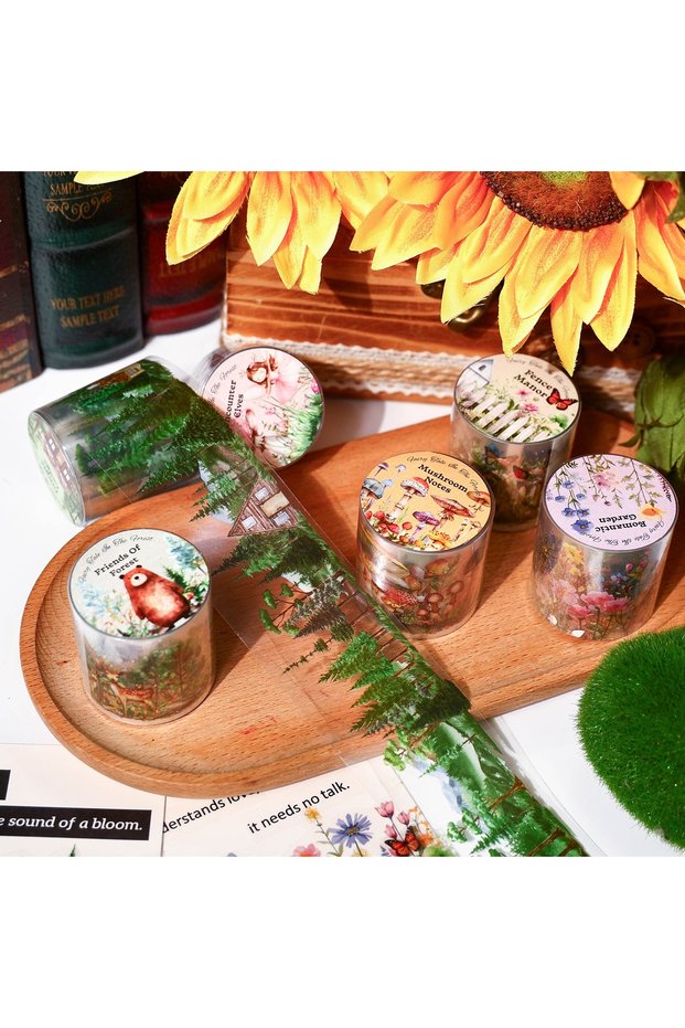 Red 6 Rolls/Pack Vintage Forest Fairy Tale PET Tape - Self-adhesive natural-inspired decorative tape