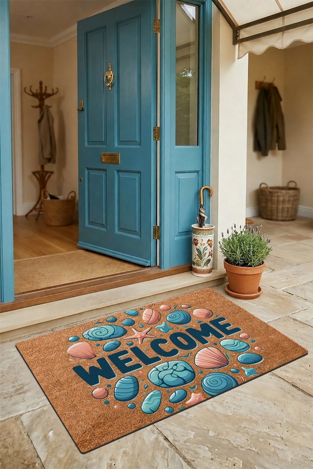 Door Mat 45X70Cm Non-Slip Base Decorative Indoor Outdoor Colorful Mussels and Stones