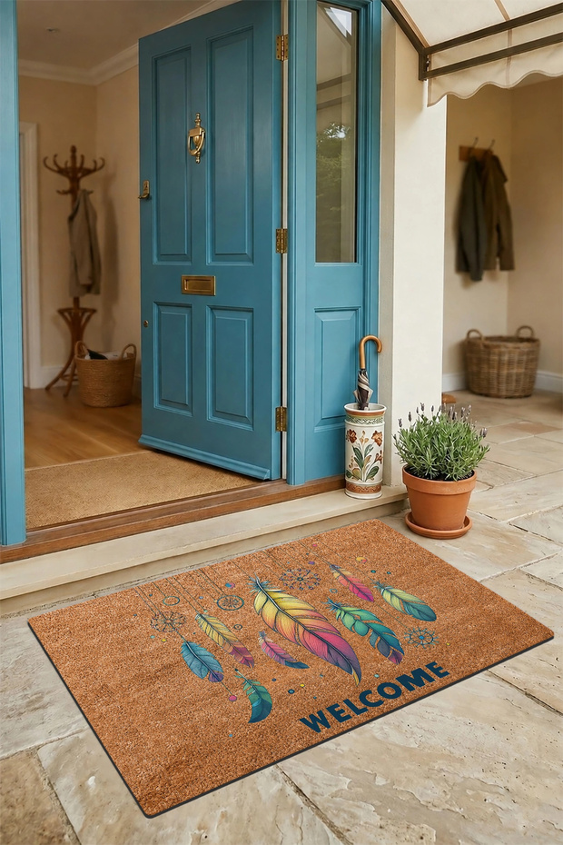 Door Mat 45X70Cm Non-Slip Base Decorative Indoor Outdoor Exotic Colorful Feathers
