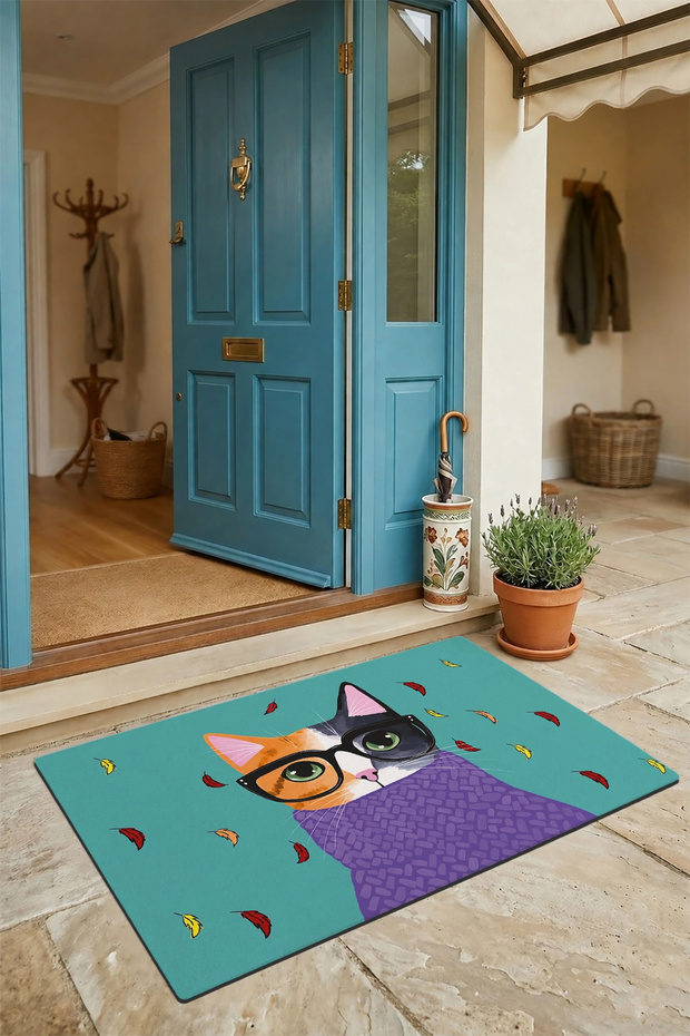 Aristocratic Cat Green Colored Welcome Doormat 45X70Cm