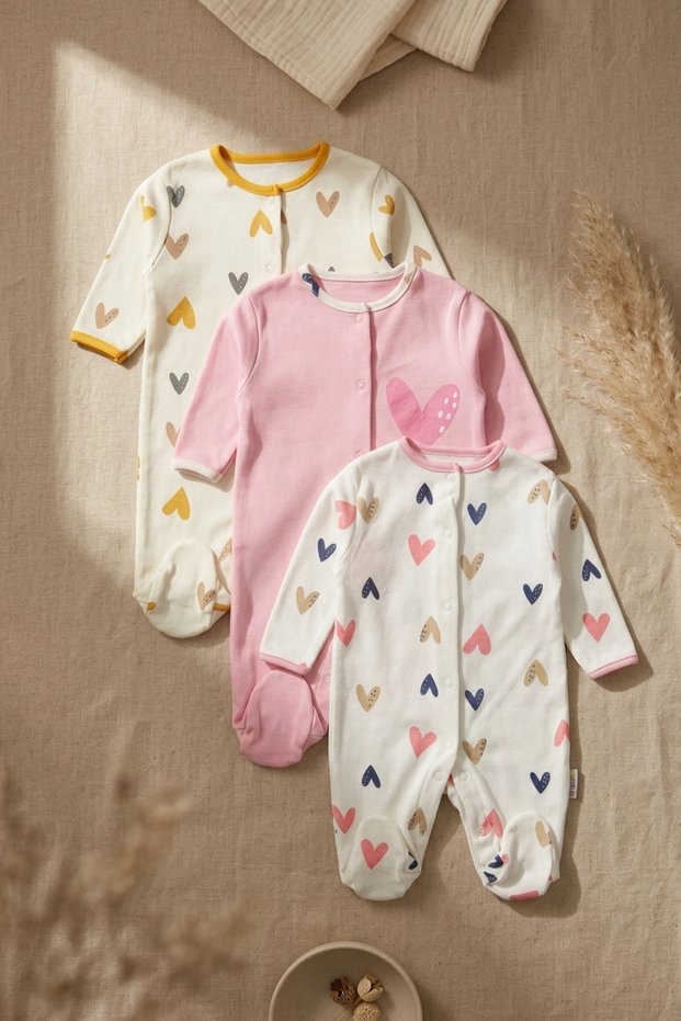 3-Piece Baby Girl 100% Cotton Heart Patterned Sleeping Bag Set with Booties - Soft Textured and Easy to Put on