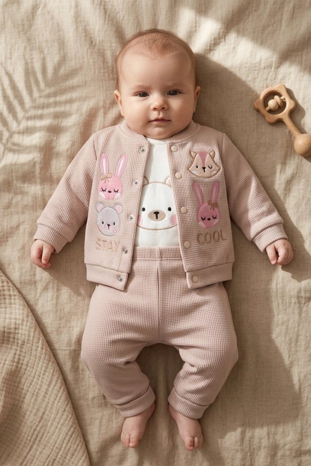 Rabbit Embroidered Waffle Textured Embroidered 3-Piece Baby Set - 100% Cotton Cardigan, Bodysuit and Pants Set