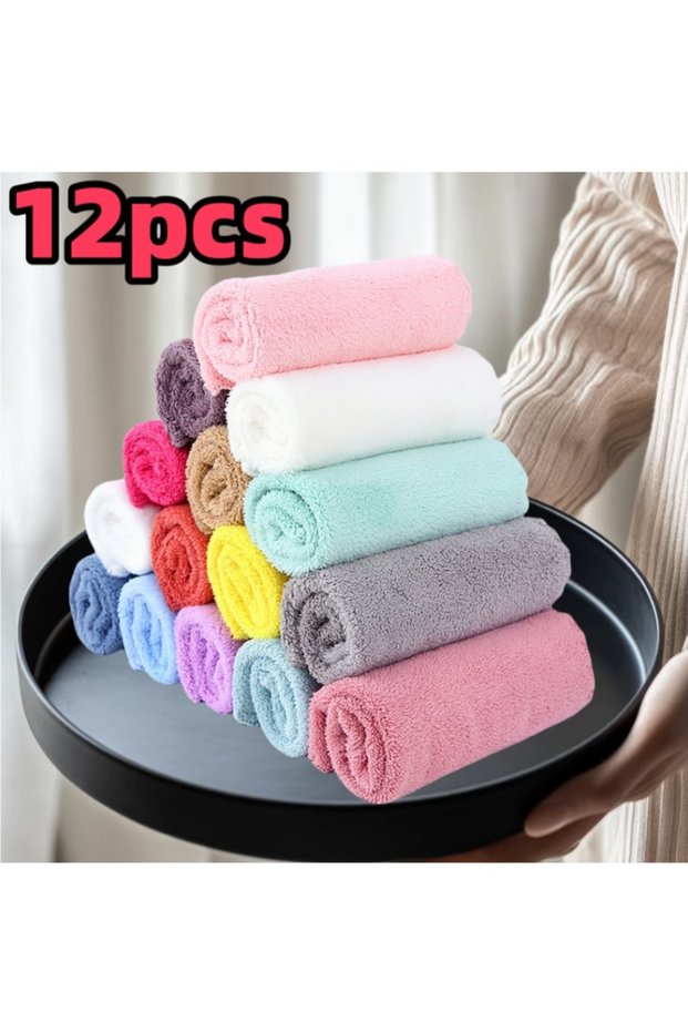 12Pcs Color Random 12Pcs Random Color High-Quality Soft Absorbent Washcloths Quick-Dry Solid Color H
