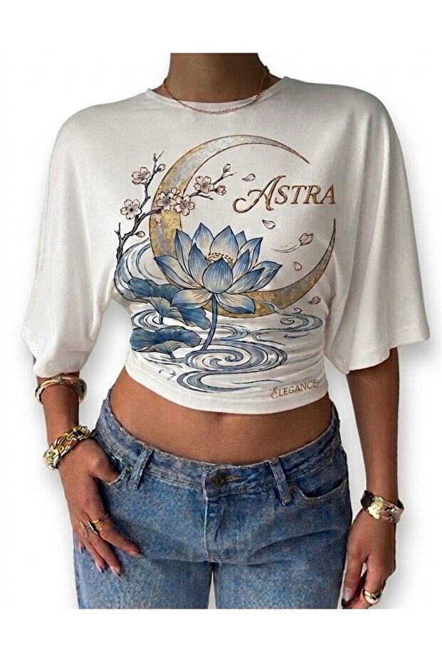 Women's White Lotus Printed Crop T-Shirt Lycra Oversize Flowy T-Shirt