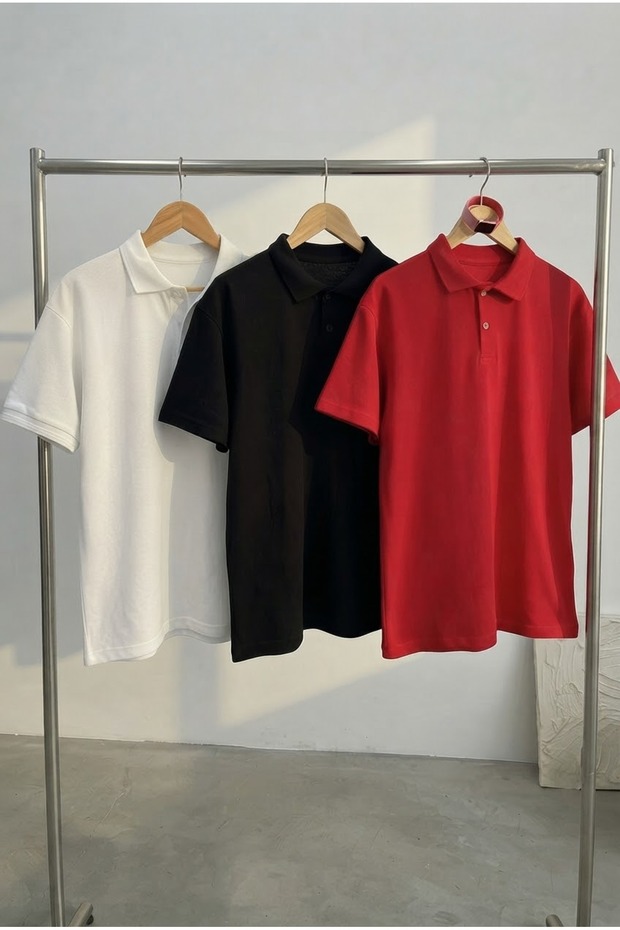 3 Pack Red Black White Sports Polo Neck Buttoned Cotton Casual Short Sleeve Regular Fit T-Shirt