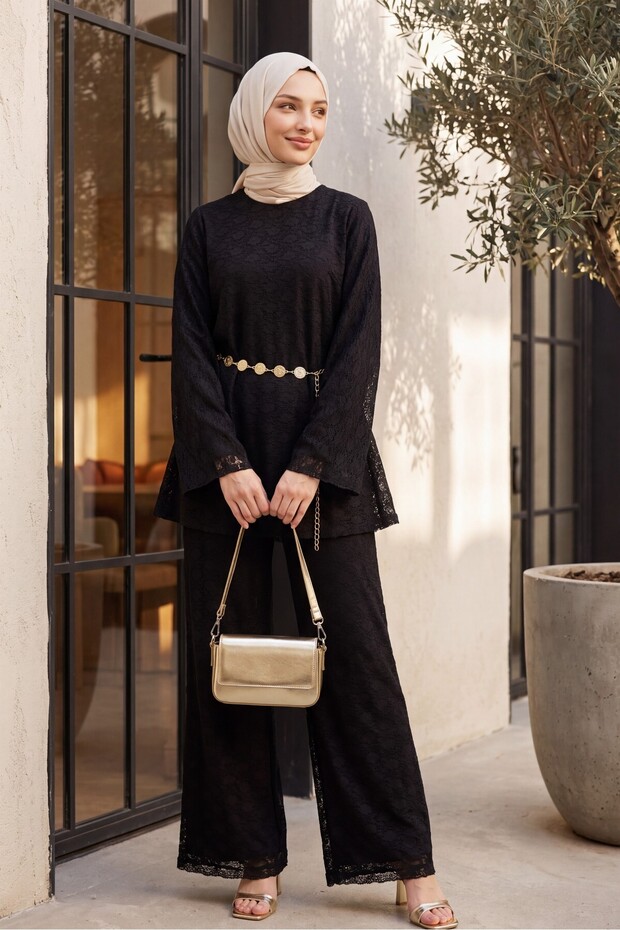 Round Neck Belted Lace Detailed Lined Trouser Suit - Black