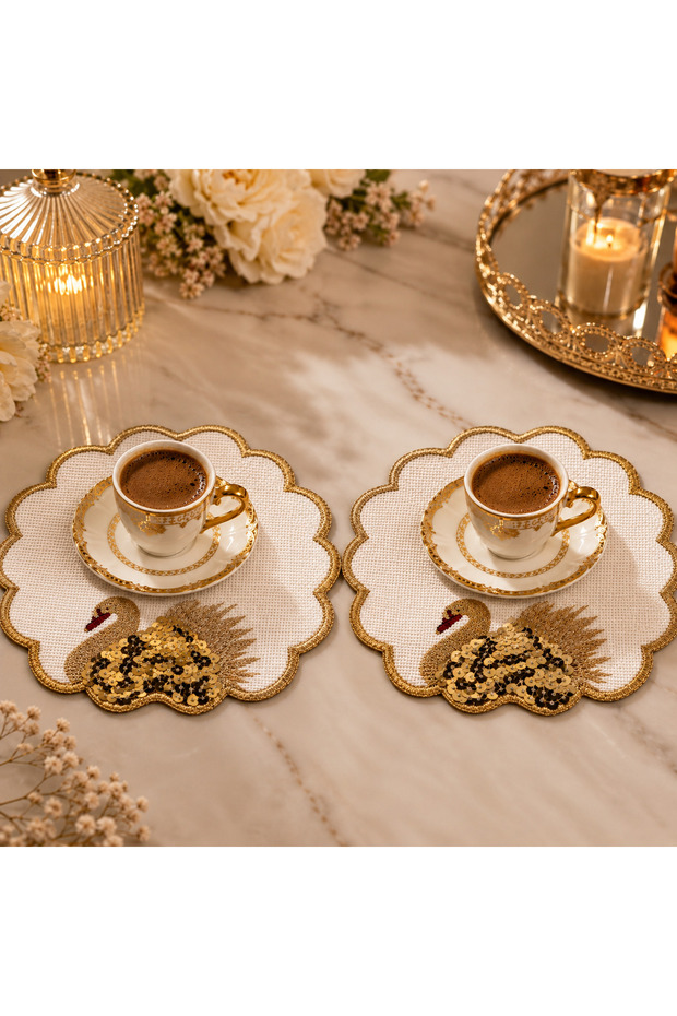 Set of 2 Linen Embroidered Sequin Embellished Coffee Napkins and Coasters 12X12 cm
