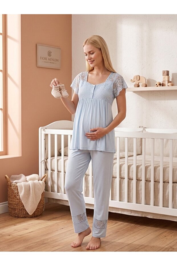 LADY Maternity & Nursing Pajama Set for Women - 2 Piece Turkish Cotton Viscose Sleepwear with Lace Details & Front Opening for Breastfeeding | Made in Turkey