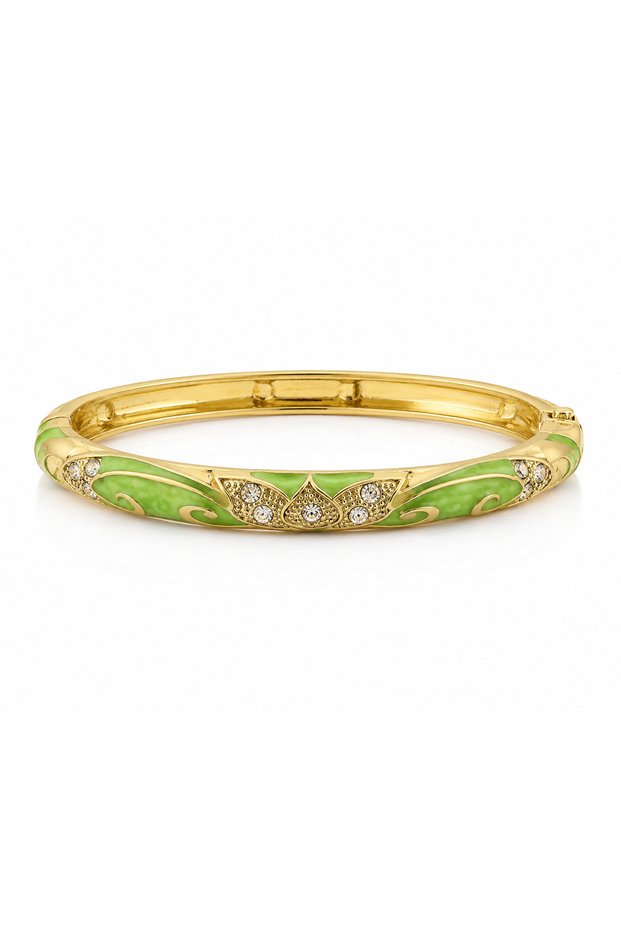 Vip Green Enamel Stone Detailed Gold Color Handcuff Bracelet