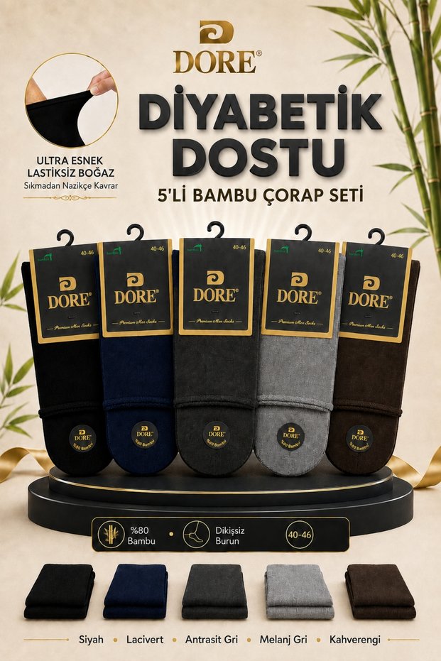 Original Men's 5 Pairs Diabetic-Friendly Sugar Socks - Ultra Flexible Seamless Design Non-Tightening Seamless Skin-Friendly Breathable Premium Bamboo - Daily Half-Toe Socks | 5 Colors 40-46 Sizes