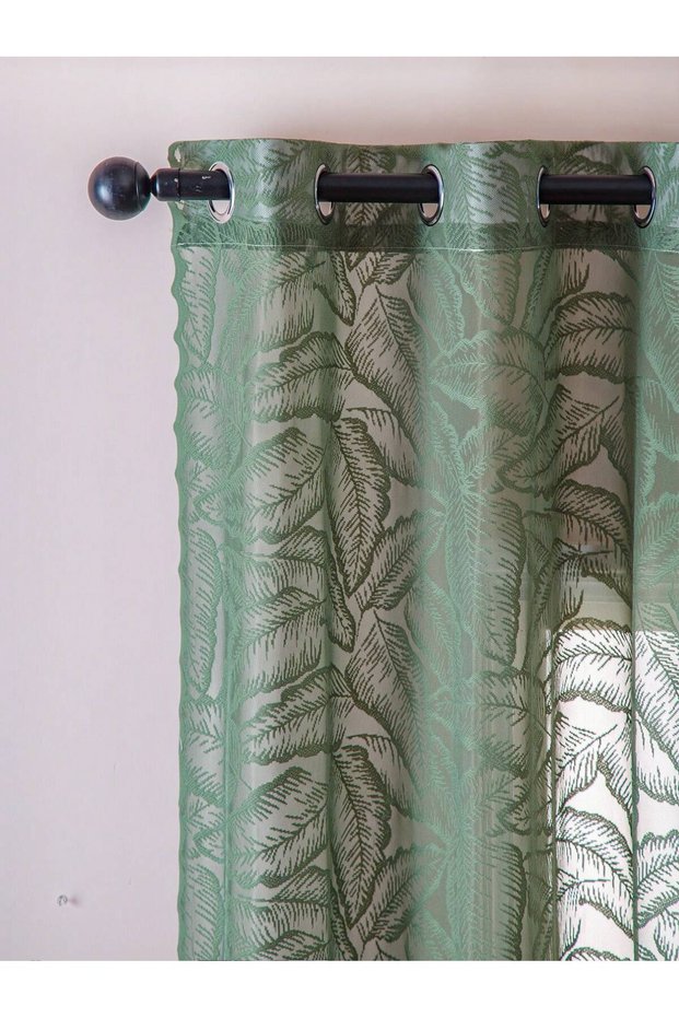 Grommet Top 140x160cm green Green Large Leaf Perforated Curtains, Living Room Bedroom Sheer Curtains