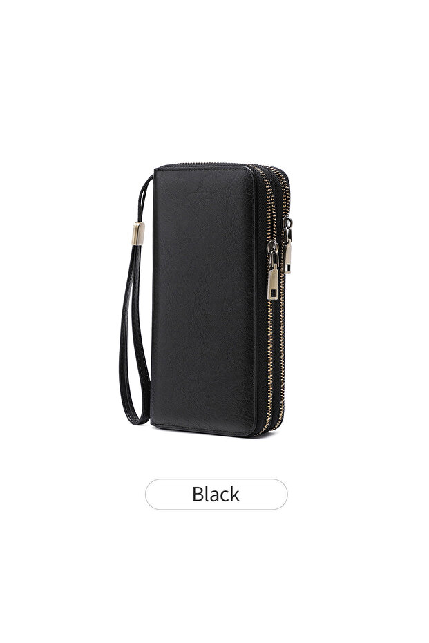QB393-Black MIYIN Retro RFID Anti-theft Tri-fold Wallet Leopard Print Large Capacity Double Zipper H