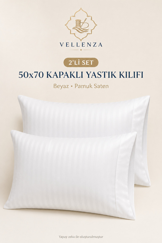 2 Pieces 50X70 White Striped Cotton Satin Covered Pillowcases Soft Smooth Hotel Type