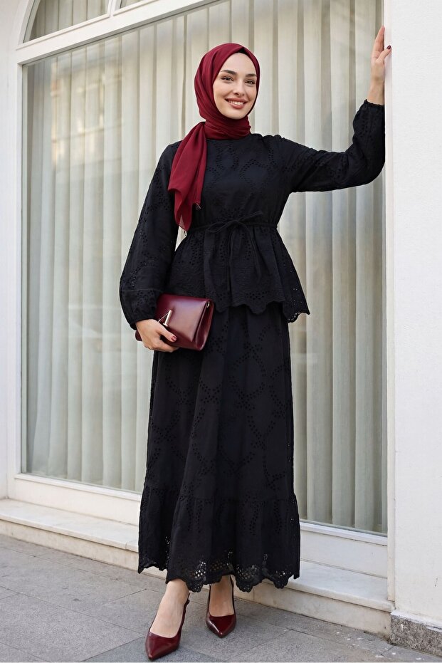 Elastic Sleeves, Belted, Scalloped Lined Linen Look Suit - Black