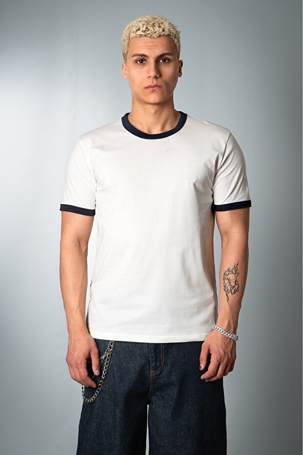 Essential Navy Blue Contrast Slim Fit White Men's T-Shirt