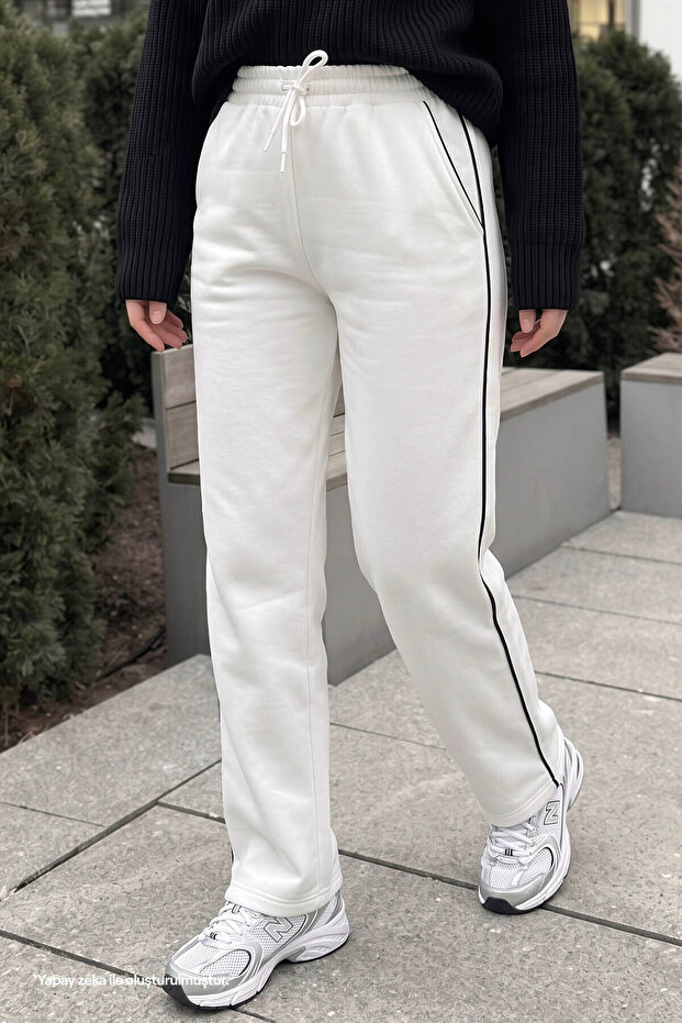 White Sweatpants with Wide Legs and Piping Detail