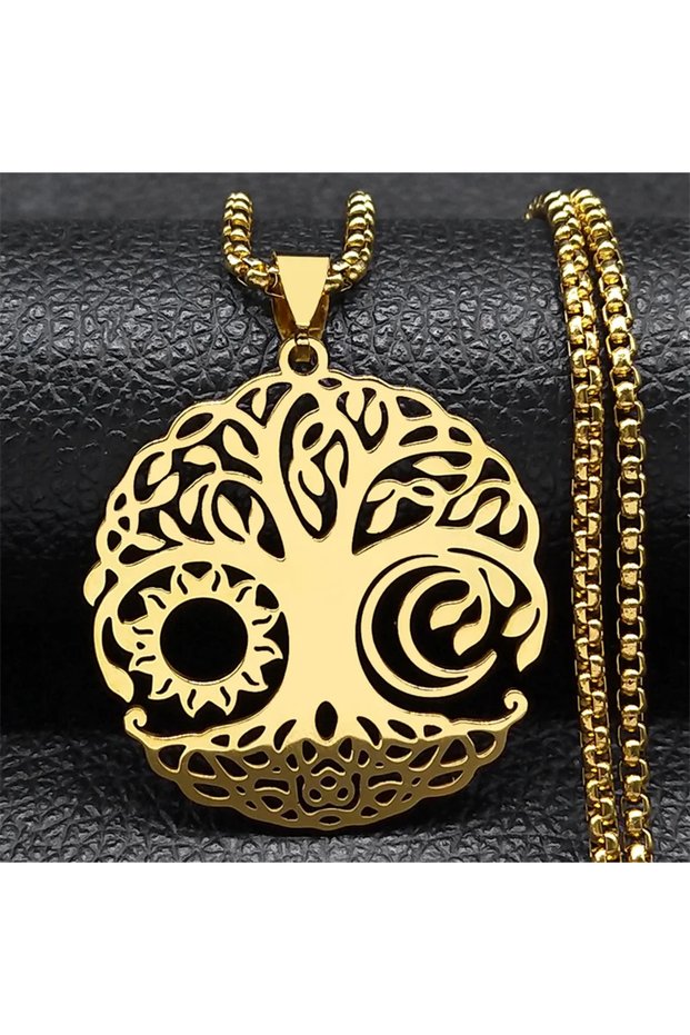 B 60cm BOX GD Aesthetic Tree of Life Love Heart Necklace for Women Men Stainless Steel Gold Color Lu