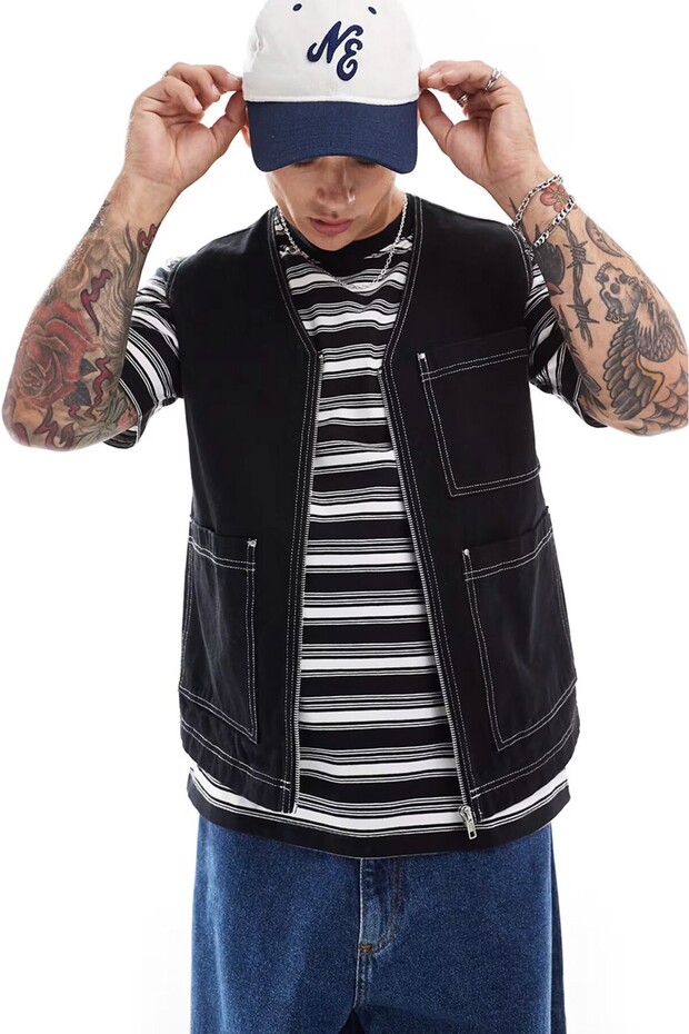 Multi-Pocket Men's Contrast Stitching Vest