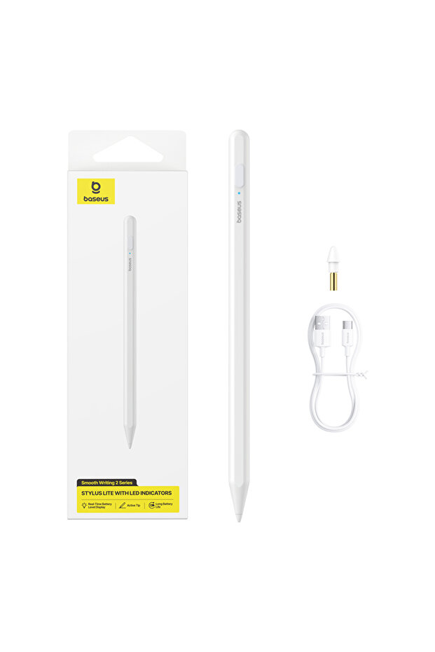 قلم ستايلس أبيض من BASEUS متوافق مع Apple Pencil مع مؤشر LED للبطارية وشاشة كاملة مع خاصية منع لمس راحة اليد