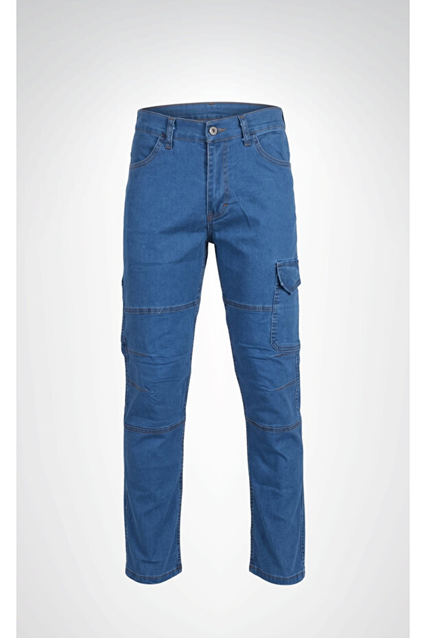 Lycra, Knee-Seam, Cargo Pocket, Flexible, Durable Blue Denim Work Pants