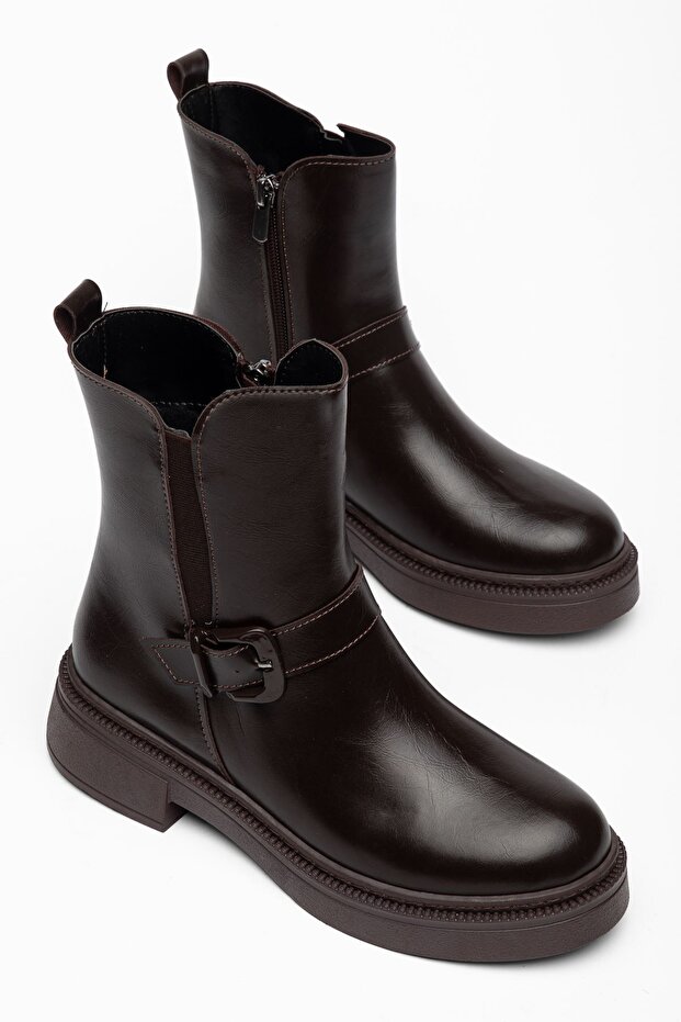 Biore Women's Brown Shiny Skin Buckle Elastic Boots
