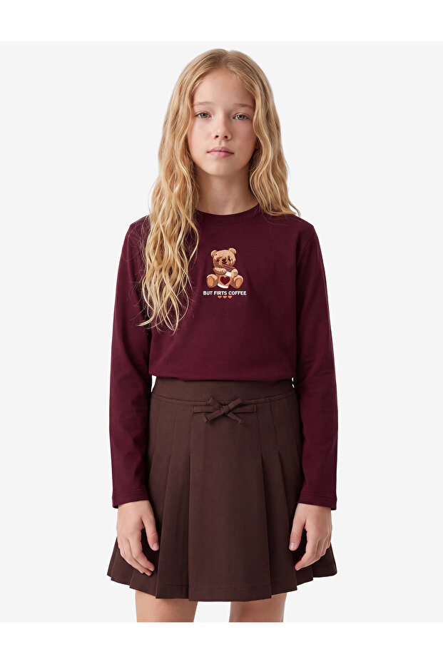 Cotton Teddy Bear Embroidered Long Sleeve Crew Neck T-Shirt