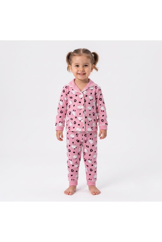 Leopard Print Girls' Pajama Set - Pink and White Detailed Plain Leg Knitted Cotton Home Wear