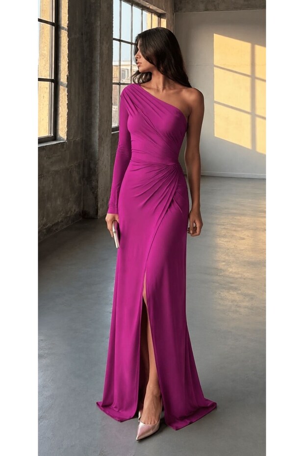 One Shoulder Low-Cut Long Evening Dress 582749 Fuchia