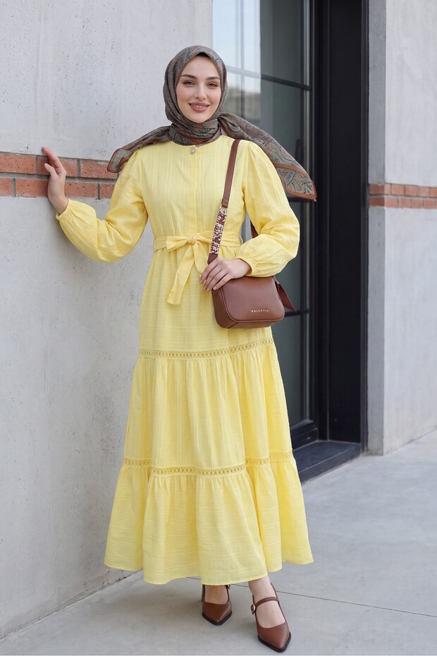 Ruffled Skirt Dress with Lace Ribbon Detail - Yellow