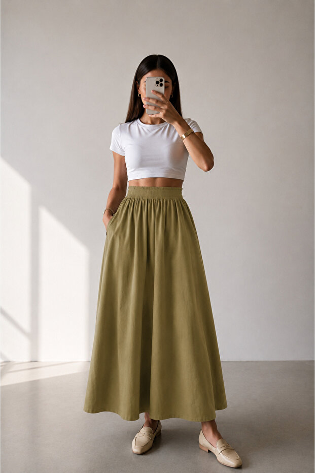 Olive Khaki Double Skirt with Elastic Waist and Pockets