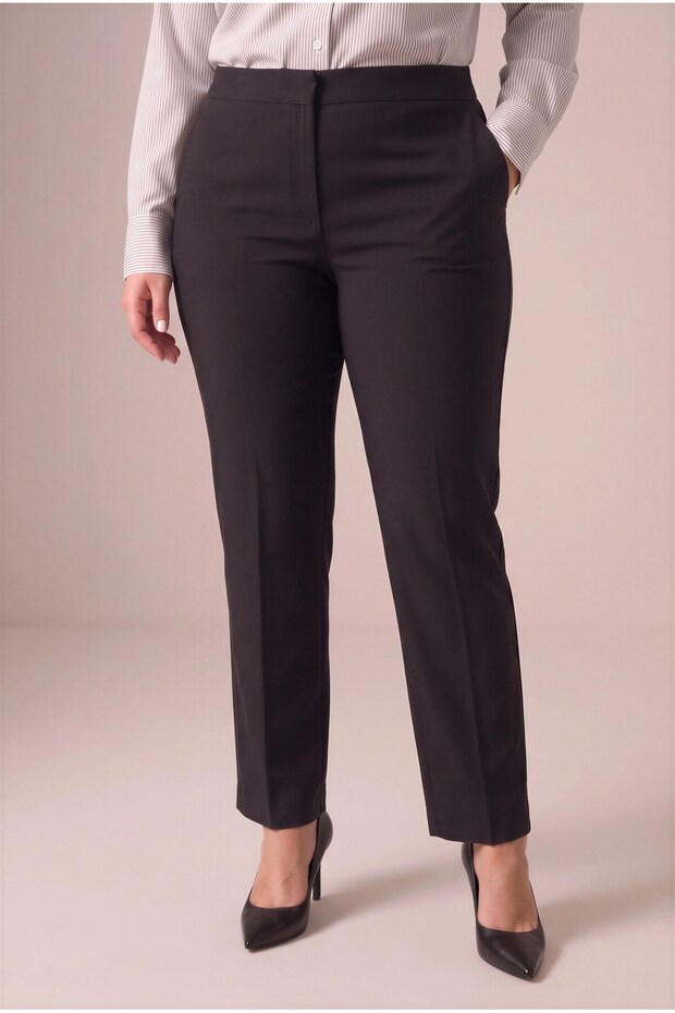 Elastic Waist Leg Mini Slit Large Size Black Fabric Trousers