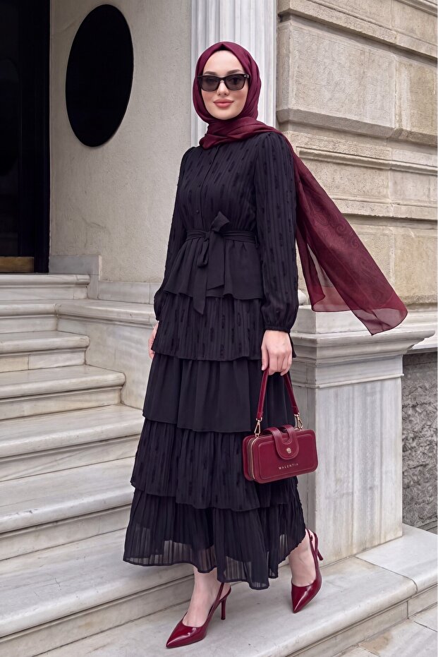 Half-Buttoned, Layered Skirt, Elasticated Sleeves, Belted Crinkle Dress - Black
