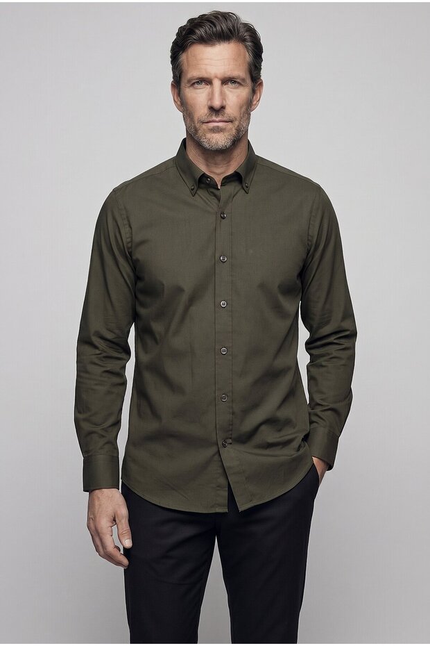Khaki Regular Fit Cotton Pocketless Long Pasha Collar Shirt