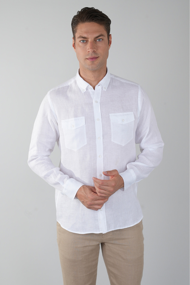 White Regular Fit Linen Long Sleeve Sport Collar Shirt
